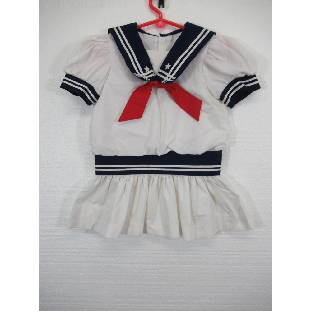 Vintage 90s Drop Waist Sailor Dress Girl 2T Red White Blue Short Sleeve